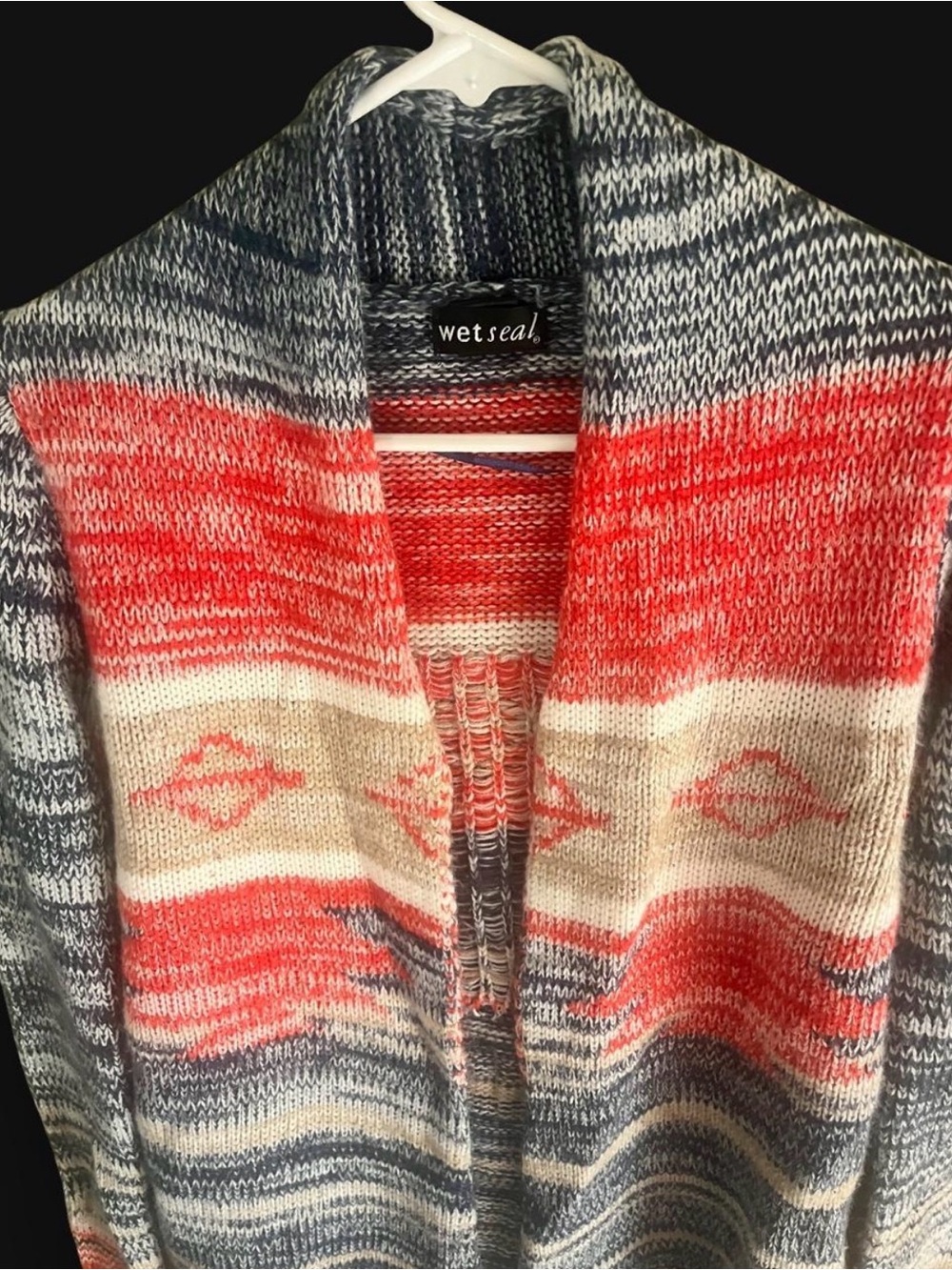 Wet Seal Coral, Gray & Cream Open Front Knit Cardigan - Picture 2 of 5